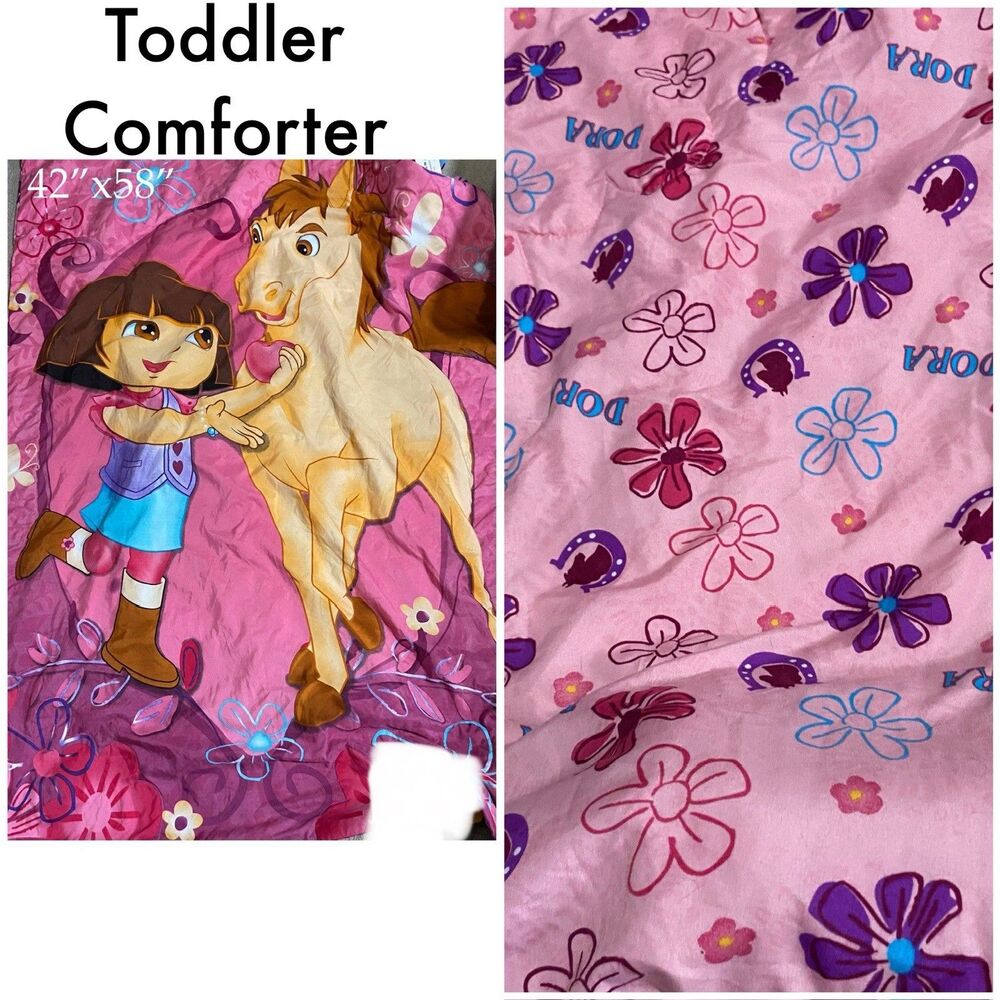 Dora The Explorer Toddler Bed Comforter Pink Reversible Horseshoe Horse Flower